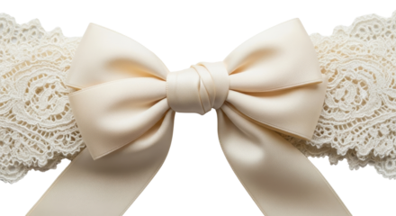 Elegant Cream Satin Ribbon Bow and Delicate Ivory Lace Detail Isolated