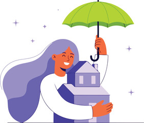 Smiling woman holding house under umbrella, symbolizing home insurance isolated on white background