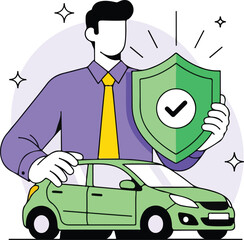 Man protecting car with shield isolated on white background