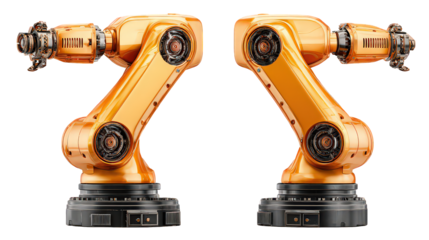 Two Orange Industrial Robotic Arms Facing Each Other