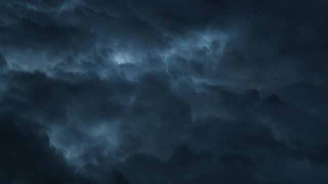 Top-down view of clouds with white and blue-white lightning flashing below in endless loop. Symbolizes catastrophe, horror and despair.