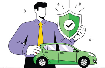 Man holding shield with checkmark protecting car isolated on white background