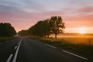 Beautiful sunrise over an empty country road with trees on both sides