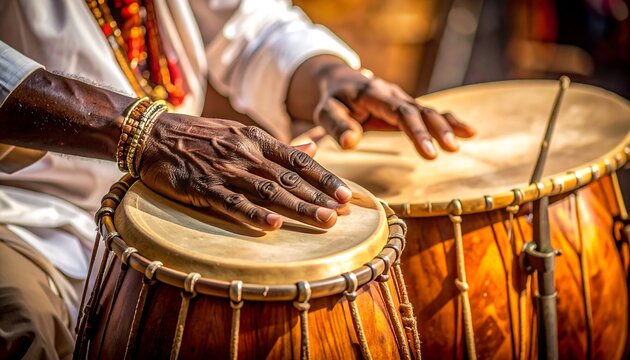 Close up of hands playing traditional African drums.