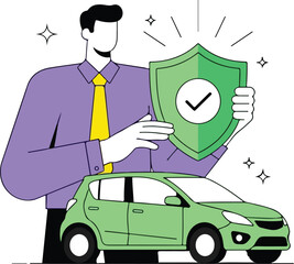 Man holding shield protecting car isolated on white background