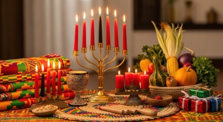 Festive kwanzaa celebration with candles and traditional decorations on vibrant table setting