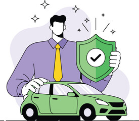 Man protects car with shield, ensuring safety and security isolated on white background