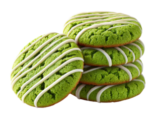 Delicious green cookies, stacked high, with creamy white icing drizzled artistically. A tempting treat for any sweet tooth.