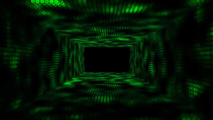 Futuristic 3D background green grid wireframe square tunnel with lines connecting data point. Concept big data grid in dark cyberspace.