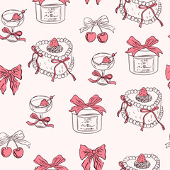 Hand drawn whimsical coquette seamless pattern. Vintage background with bow, cherry, cake, and cocktail for wedding invitation, valentine day. Vector romantic wallpaper, wrapping paper, textile
