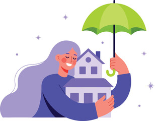 Woman holding umbrella protecting house isolated on white background