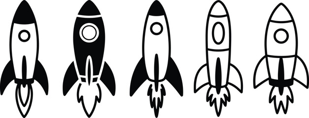 Rocket icon illustrations, space launch, propulsion design, black and white, stylized vector, flame detail, futuristic theme, graphic symbol, tech motion, exploration