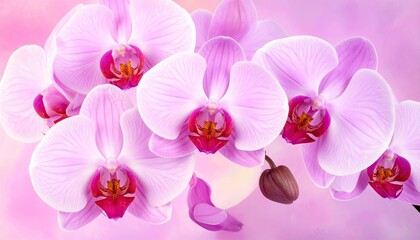 Obraz premium Close Up of Delicate Pink Orchid Flowers in Full Bloom with Soft Lighting and a Blurry Pink Background