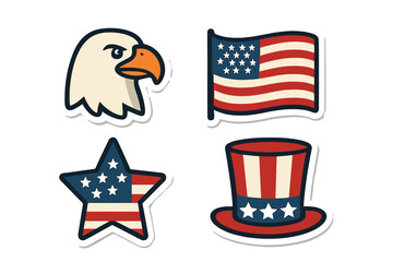 American patriotic icon set. USA flag, eagle head, star, uncle sam hat. 4th of July, Independence Day, Memorial Day vector. Celebration graphic symbol. Flat cartoon sticker.