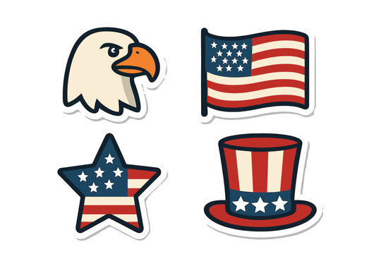 American patriotic icon set. USA flag, eagle head, star, uncle sam hat. 4th of July, Independence Day, Memorial Day vector. Celebration graphic symbol. Flat cartoon sticker.