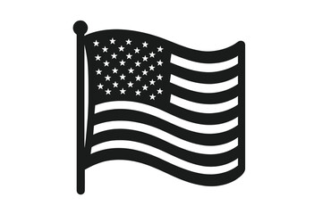 Waving American flag silhouette vector icon. USA national symbol in black and white. Patriotic emblem of freedom and independence. United States flag on a flagpole illustration.
