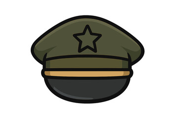 Military officer cap with a star emblem. Army general hat icon. Soldier uniform element. Vector cartoon illustration for concepts of authority, command, service and patriotism.