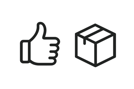 Thumbs up and box icon for positive review and approved delivery. Like symbol for quality product and customer satisfaction. Vector graphic for logistics, shipping, and apps.