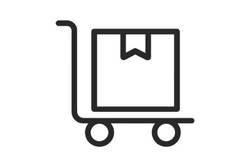 Hand truck with cardboard box icon. Dolly with package symbol for delivery, shipping, and logistics. Minimalistic outline vector for web, apps, and cargo. Warehouse, moving concept.