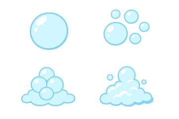 Blue soap foam and water bubble vector icon set. Cartoon illustration of laundry suds, shiny soda pop fizz, and underwater air bubbles. Isolated cleaning elements.