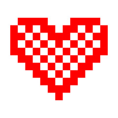 Pixel red heart with checkered white pattern, retro 8 bit icon representing digital creativity, love, romance, and nostalgic Valentine's Day designs