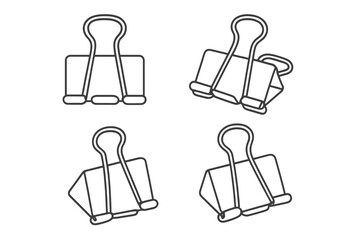 Binder clip icon set. Bulldog clip vector illustration. Black and white line art of office supplies. Stationery paperclip collection for documents. Minimalist design isolated.