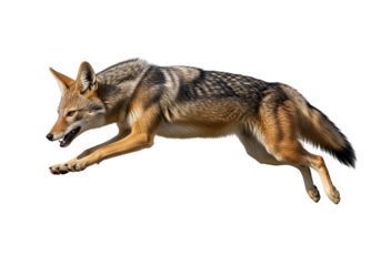 A captivating image of a wild dog in mid-leap, against a stark black background.