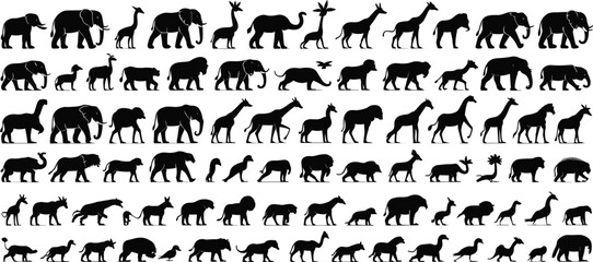 Wildlife animal silhouettes, elephant and giraffe, safari animals, jungle creatures, forest wildlife, nature icons, mammal silhouettes, wild animal shapes, African 