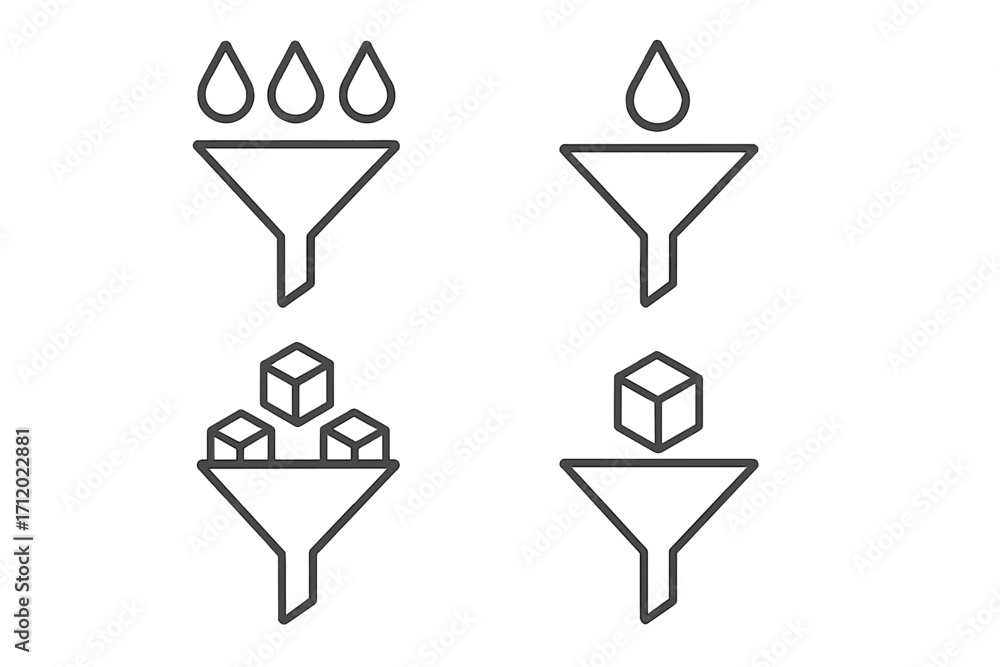 Aufkleber data filtering and lead conversion funnel concept. minimalist line icons of simplification, sorting 