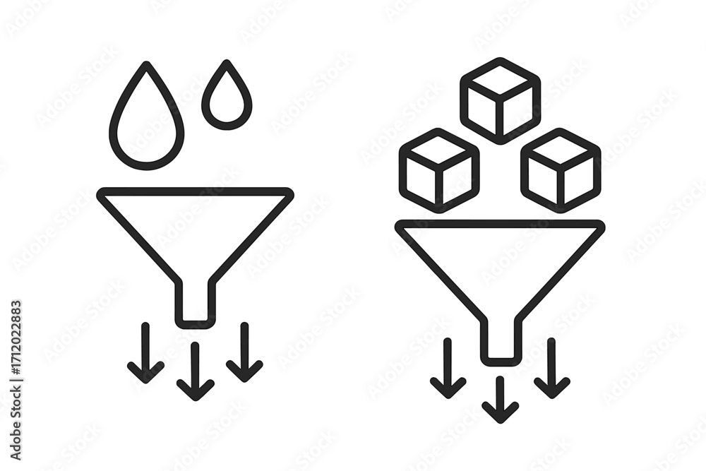 Aufkleber filter icon with funnel for data filtering and sorting. liquid drops and solid cubes processing. inf