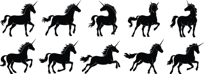 Unicorn silhouettes, mythical creatures, fantasy icons, magical animals, black figures, galloping unicorns, rearing poses, prancing motion, flowing mane, enchanted theme