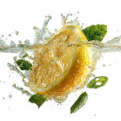 Water Splash with Lemon and Mint on white background