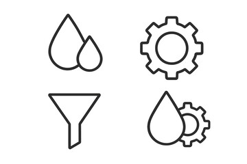 Oil change and fluid service icon set. Vector outline symbols of a drop, gear, and funnel for engine lubrication, industrial mechanics, car maintenance, and fuel filter concepts.
