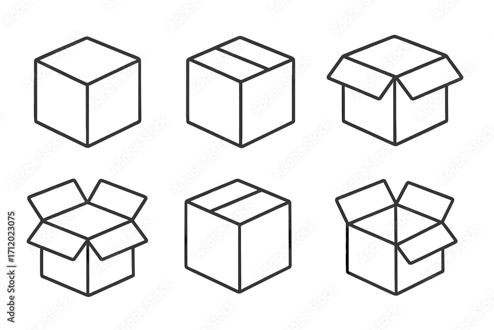 Poster box line icon set. open, closed cardboard carton package collection. simple linear container symbol 