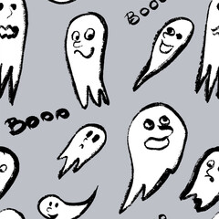Seamless pattern with black and white ghosts and “ boo”. Doodle ink, hand draw with texture. Vector, isolated.