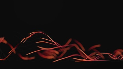 Abstract seamless loop animation of glowing red and orange signal pulses traveling along wave like lines on black background. Flowing impulse motion suggests data transfer, digital networks, cloud - Powered by Adobe