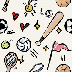 Seamless pattern with sport elements. Doodle Hand draw marker texture. Balls, football, hockey, tennis racket, basketball, medal, flag.