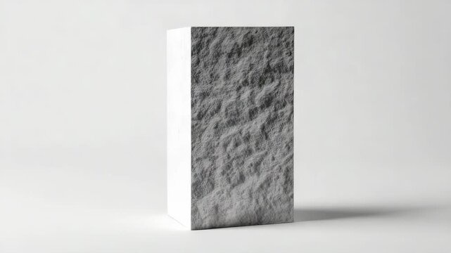 Upright rectangular stone block with rough surface texture, minimalistic style, isolated on white background, concept of simplicity and form