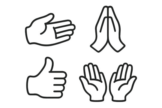 Hand gestures vector icon set. Linear symbols collection. Praying hands, thumbs up like gesture, stop sign, and offering or begging hands. Minimalist outline illustration.