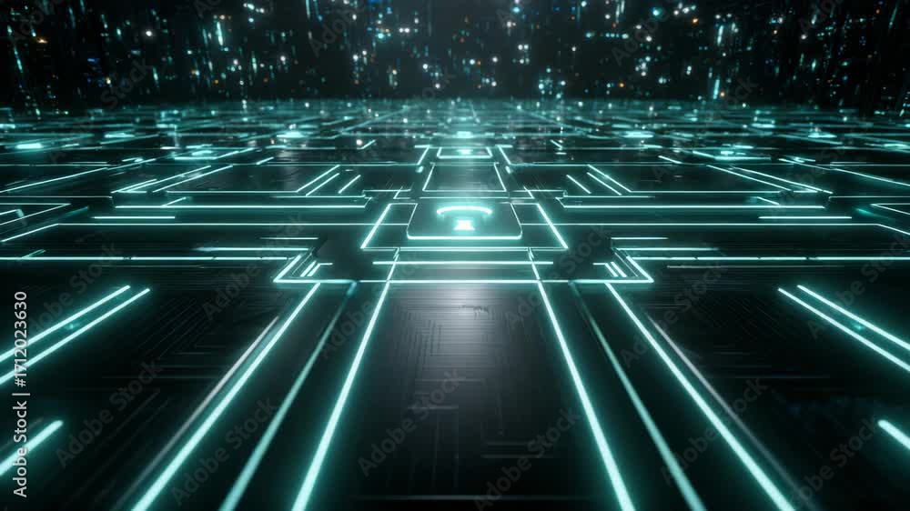 Poster a futuristic digital landscape with glowing grid patterns and luminous elements, symbolizing innovat