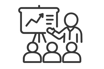 Business presentation line icon. Corporate training concept. Speaker at conference with audience. Leader presenting growth chart, report analysis. Team meeting vector symbol.