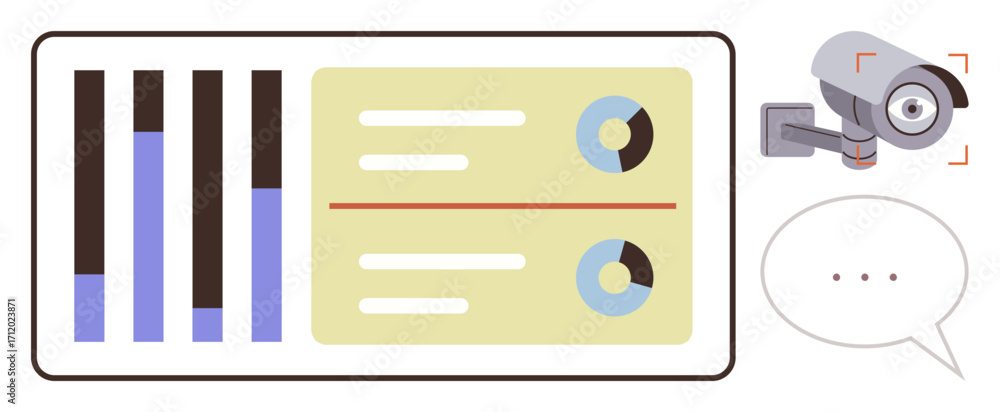 Aufkleber bar graphs, pie charts in dashboard alongside surveillance camera and speech bubble. ideal for data 