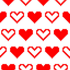 Seamless pattern of red and white pixelated hearts in retro digital style, perfect for Valentine's Day, gaming themes, love designs, romantic backgrounds, and nostalgic creative projects