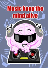 brain as a DJ cute brain cartoon style illustration