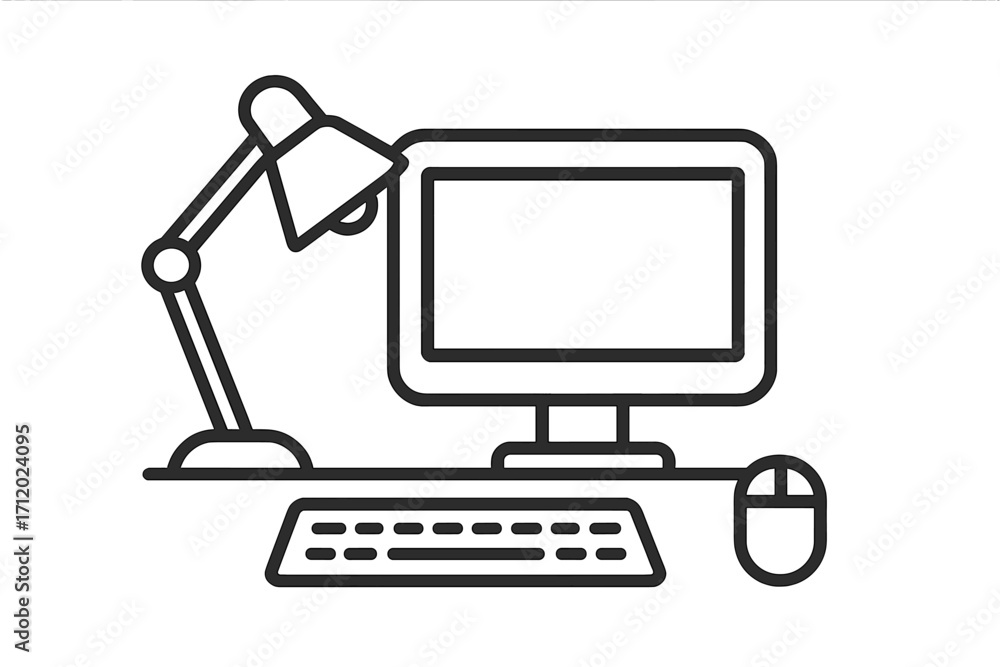 Aufkleber workspace line icon with desktop computer, keyboard, mouse, and lamp. office desk setup vector. remo