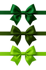 Three green ribbon bows with different shades of green for gift decoration on transparent background. Present package design element graphic.