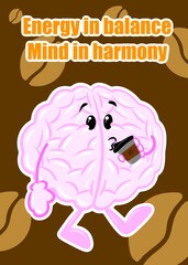 brain drink coffee cute brain cartoon style illustration
