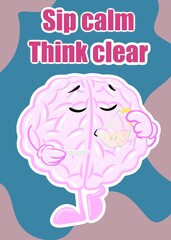 brain drink tea cute brain cartoon style illustration