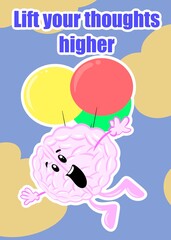 brain float with balloon cute brain cartoon style illustration