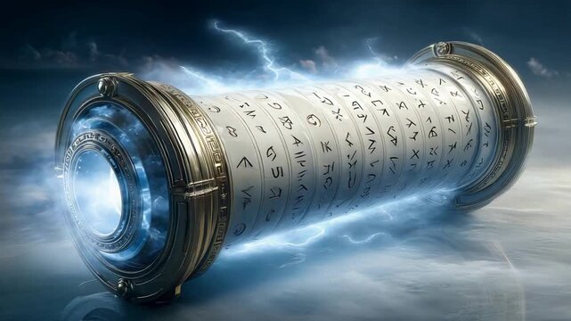 Ancient Enigma Cylinder Glows with Mystical Energy Amidst Lightning Storm.